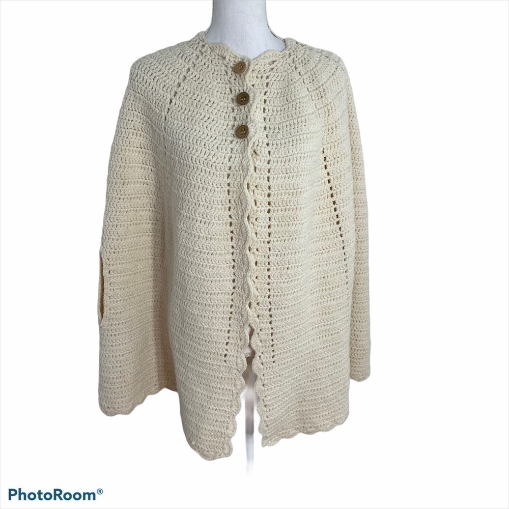 Hand Knit Poncho Sweater One Size Ivory Boho Women’s Vintage